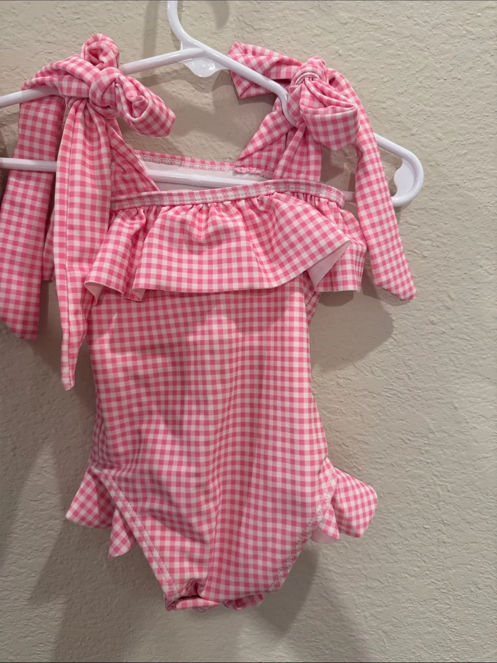 Cecil and Lou Personalized Pink Gingham One-Piece Swimsuit with Ruffle Trim